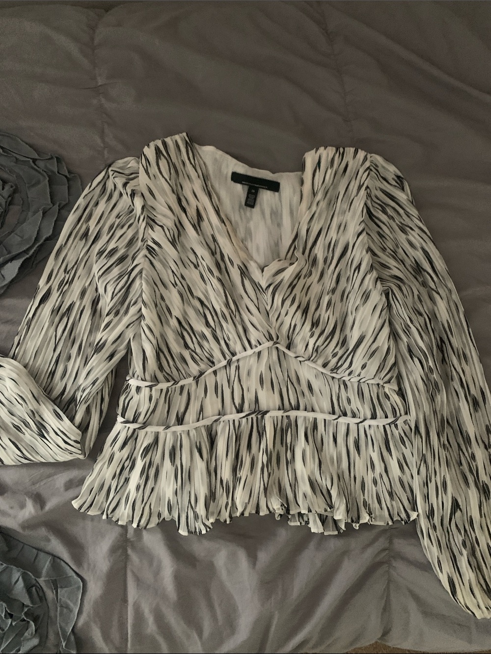 White House Black Market Black and White Pleated Ruffle Blouse